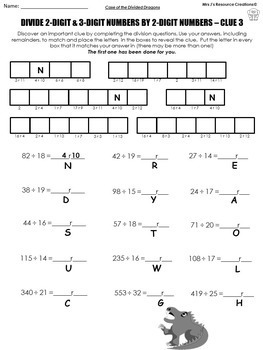 long division practice game math mystery activity worksheets tpt