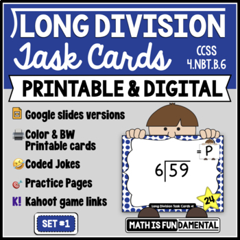 Preview of Long Division Practice | Task Card Set 1 - with coded joke answers | 4.NBT.B.6