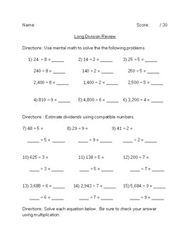 Preview of Long Division Review Worksheet