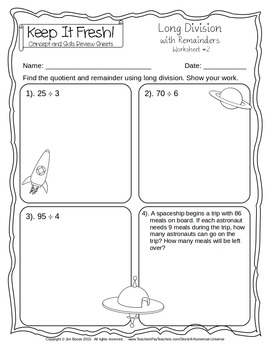 long division with remainders worksheets by a numerical universe