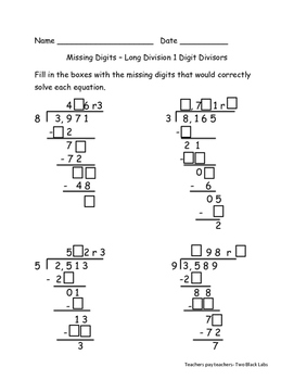 long division solve for the missing digits by two black labs tpt