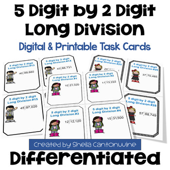 Preview of 5 digit by 2 digit Long Division Task Cards - Differentiated
