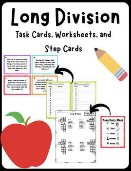 Preview of Long Division Task Cards, Help Sheet, Guided Worksheets Bundle