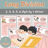 Long Division Template Worksheet 2, 3, 4, 5, 6 digit by 1 divisor