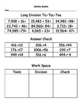 Preview of Long Division With Multi Digit Divisors Tic Tac Toe