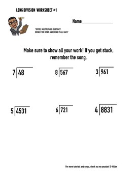 long division worksheet part i with remainders tpt