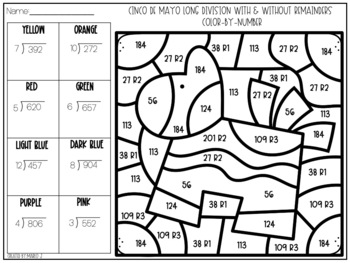 Long Division With & Without Remainders Color-By-Number l Cinco De Mayo