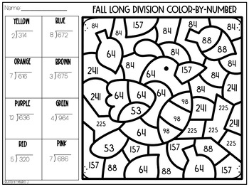 Long Division With & Without Remainders Color-By-Number l FALL THEMED