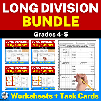 Long Division With Without Remainders Practice Worksheets Task Cards Bundle