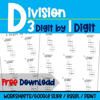 Preview of Long Division Worksheet: 3 Digit by 1 Digit with Remainders (FREE)