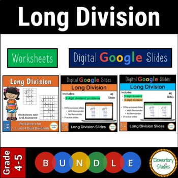 Preview of Long Division Worksheet and Digital Google Slides Bundle Pack