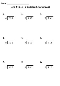 long division worksheets 3 digit numbers by sidash teaching tpt