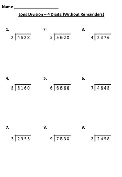 long division worksheets 4 digit numbers by sidash teaching tpt