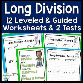 Preview of Long Division Worksheets and Tests - 12 Leveled Worksheets, 2 Tests & 2 Posters