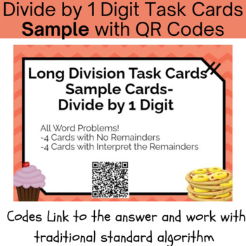 Preview of Long Division with 1 Digit Divisor Task Cards With QR Codes & Work - 5.NBT.6