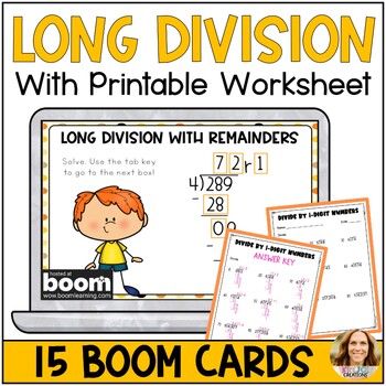 Preview of Long Division with Remainders Digital Boom Cards and Printable Worksheet