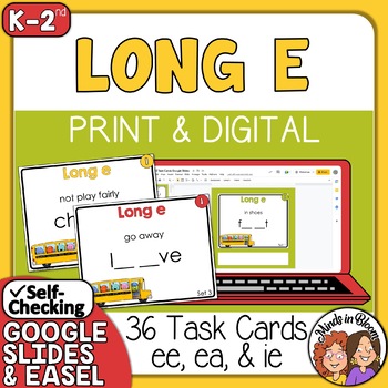 Preview of Long E Task Cards: 36 cards to practice ee, ea, and ie - + Self-Checking Digital