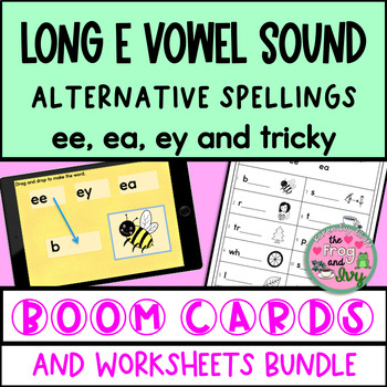 Preview of Long E Vowel Sound Spellings ee, ea, ey + tricky Boom Cards and Worksheets