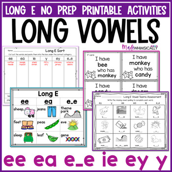 Preview of Long E Vowel Team Worksheets -Vowel Digraph ee ea ey y & CVCe Phonics Activities