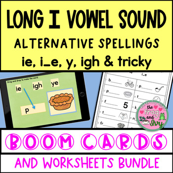 Preview of Long I Sounds ie, i_e, y, igh + tricky Spellings Boom Cards & Worksheets Bundle