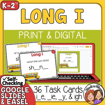 Preview of Long I Task Cards: 36 cards to practice i_e, _ie, _y, and igh + Self-Checking