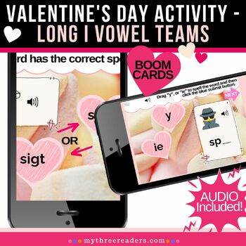 Preview of Long I Vowel Teams - IGH, IG, Y, IE - Valentine's Day Boom™ Activity