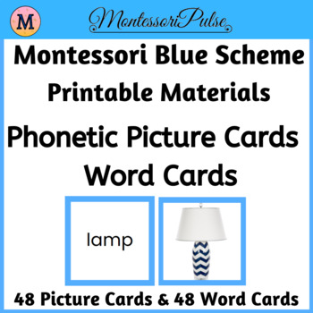 Montessori Blue Scheme, printable materials, long phonetic picture Cards and Word Cards 