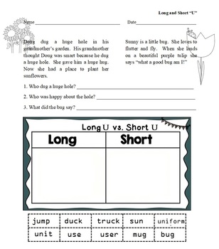 Preview of Long & Short U - reading, cut & paste sorting