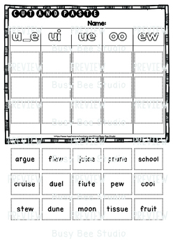 long u sorts ue ui oo ew ue cut and paste worksheets by busy
