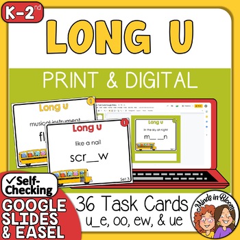 Preview of Long U Task Cards: 36 cards to practice u_e, oo, ew, and ue + Self-Check Digital