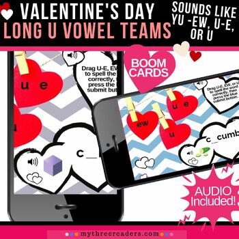 Preview of Long U Vowel Teams Valentine's Activity - Sounds like /yu/ - EW, U-E, or U