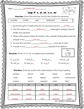 Long U: u, ui, ue, u-e, ew Advanced Phonics Multisyllable Words Worksheet