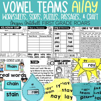 Preview of Vowel Teams AI & AY Phonics Worksheets, Sorts, Passages, Craft, & Activities