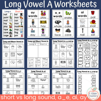 Preview of Long Vowel A Worksheets; short and long vowels, CVCe, vowel teams