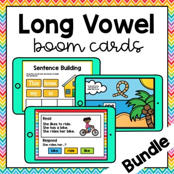 Preview of Long Vowel CVCe Sentence Building, Word Building, and Reading Boom Cards Bundle