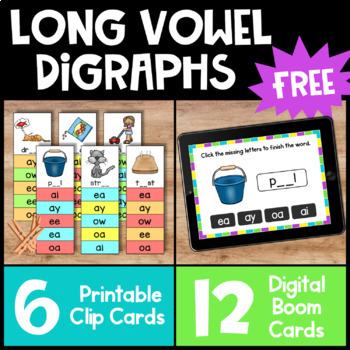 Preview of Free Phonics Activities: Clip Cards & Boom Cards for Long Vowel Digraph Practice