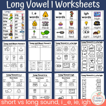 Preview of Long Vowel I Worksheets; short and long vowels, CVCe, vowel teams