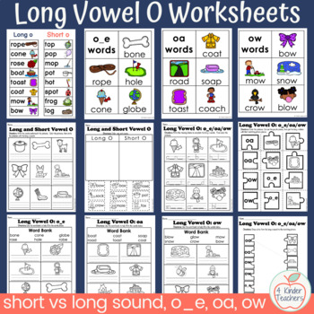 Preview of Long Vowel O Worksheets; short and long vowels, CVCe, vowel teams