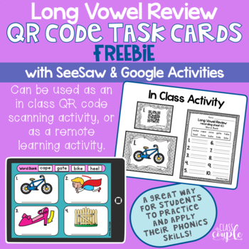 Preview of Long Vowel Review QR Code Task Cards Freebie + Distance Learning (SeeSaw/Google)