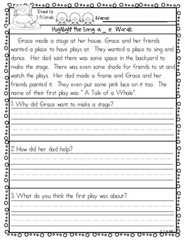 long vowel silent e reading comprehension passages and questions