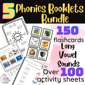 Preview of 5 Long Vowel Sounds Phonics Worksheet Booklet- Plus 150 Flashcards- Bundle!