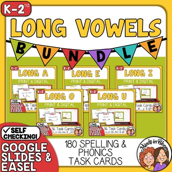 Preview of Long Vowel Task Card Bundle - a, e, i, o, u Practice with Self-Checking Digital