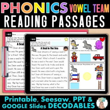 Preview of Long Vowel Teams Decodable Reading Comprehension Passages Seesaw & Google Slides