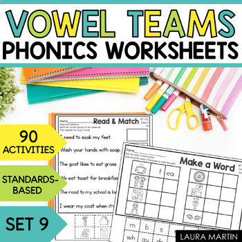 Preview of Long Vowel Teams Phonics Worksheets - AI AY EA EE IE IGH Y OA OE OW UE UI EW