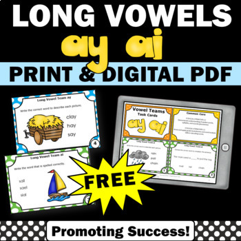 Preview of FREE Long a Vowel Teams Digraphs Game Task Cards ELA ESL Phonics Centers
