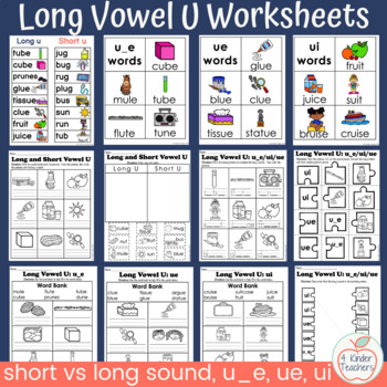 Preview of Long Vowel U Worksheets; short and long vowels, CVCe, vowel teams