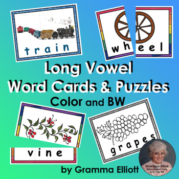 Preview of Long Vowel Silent e and Vowel Teams Picture Word Cards for Puzzles or Word Rings