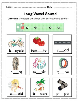 Long Vowel Words and Picture Matching Worksheets ( a, e, i, o, u )