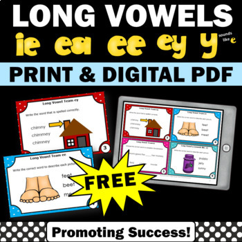 Preview of FREE Long e Vowel Teams Games Digraphs ie ee ea ey y sounds like i Task Cards