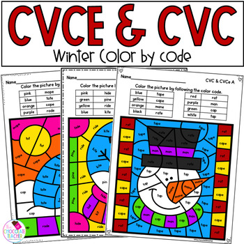 Preview of CVC CVCE Words - Winter Activities - Color by Code - Phonics Worksheets